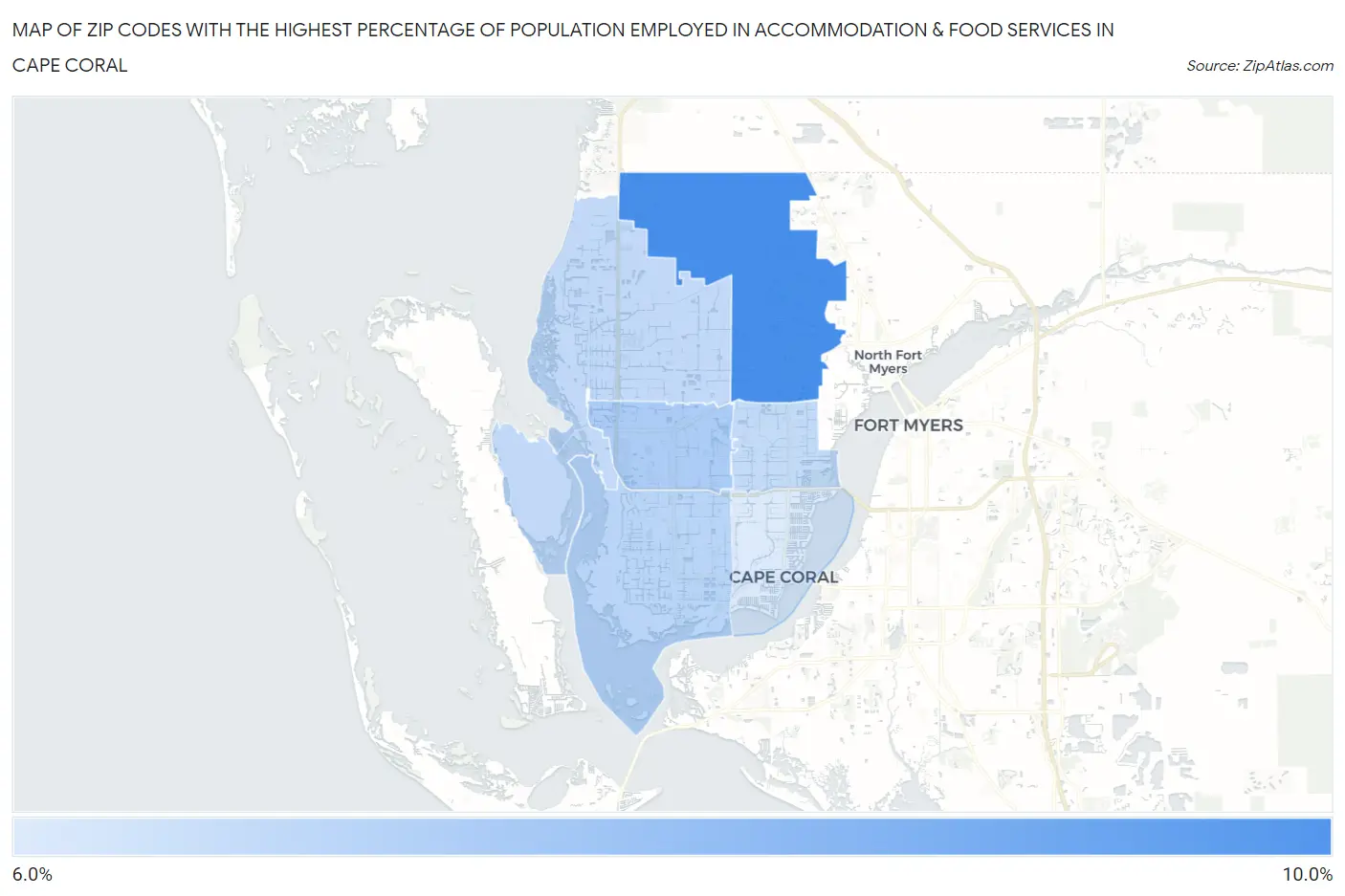 Zip Codes with the Highest Percentage of Population Employed in Accommodation & Food Services in Cape Coral Map