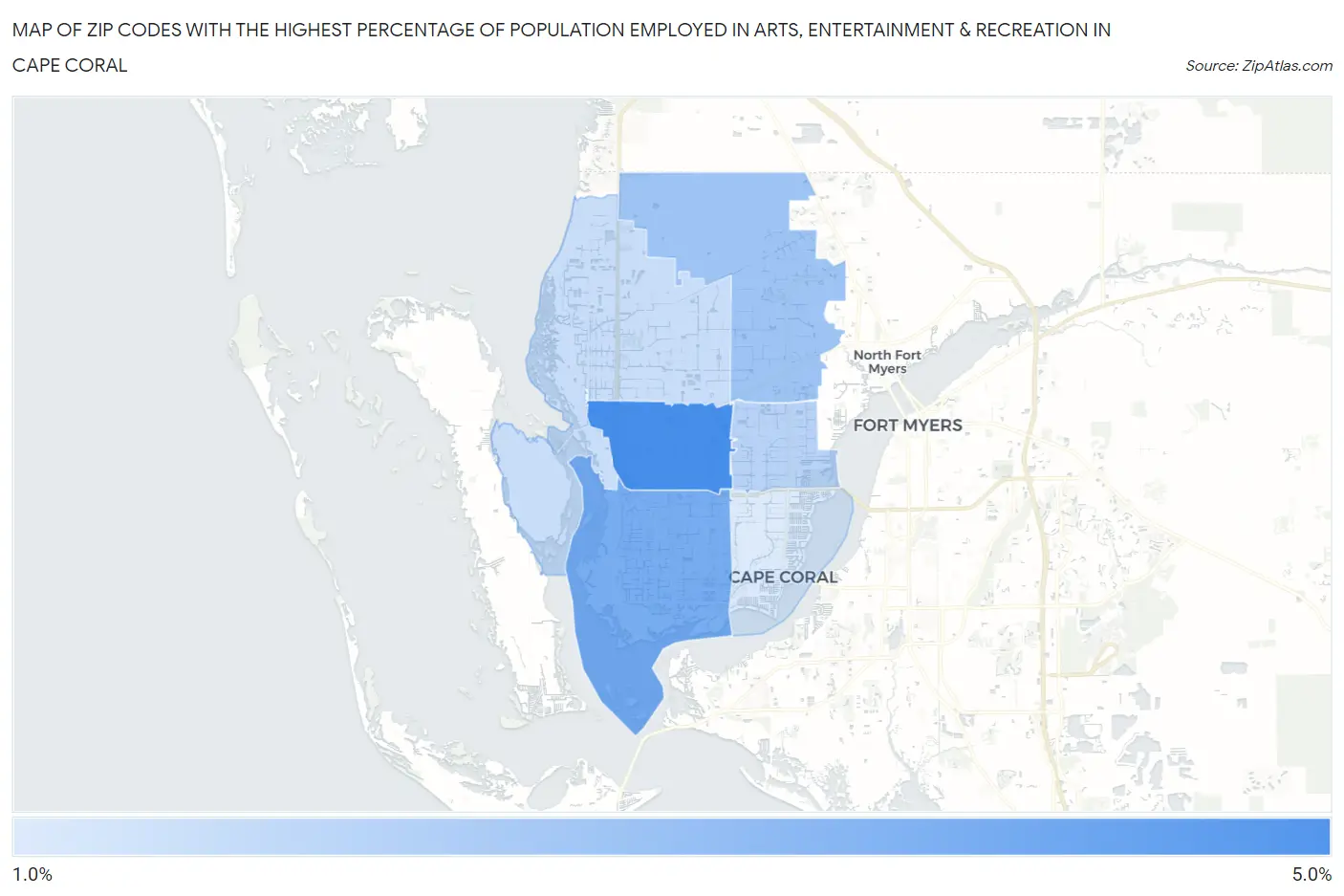 Zip Codes with the Highest Percentage of Population Employed in Arts, Entertainment & Recreation in Cape Coral Map