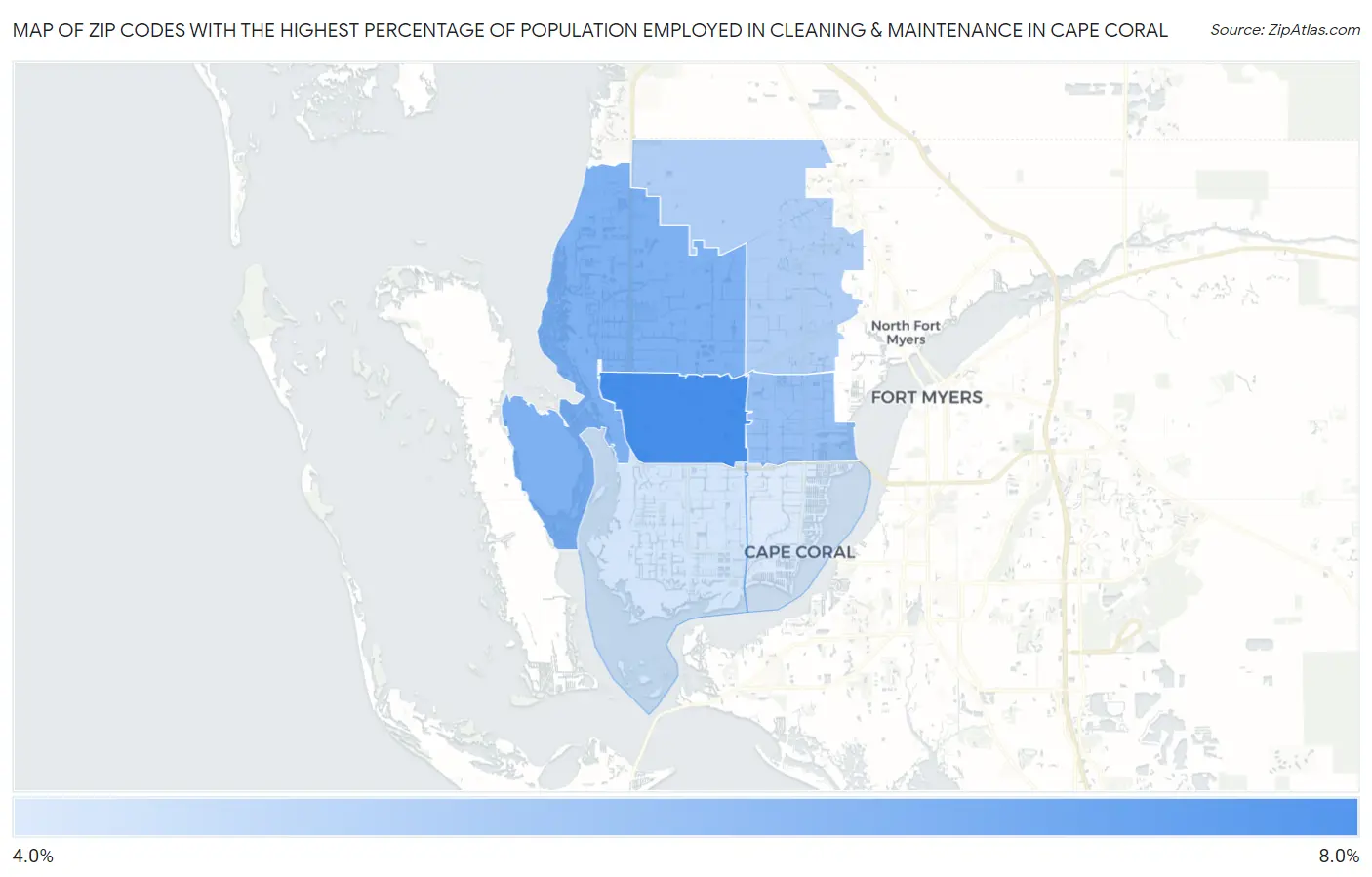Zip Codes with the Highest Percentage of Population Employed in Cleaning & Maintenance in Cape Coral Map