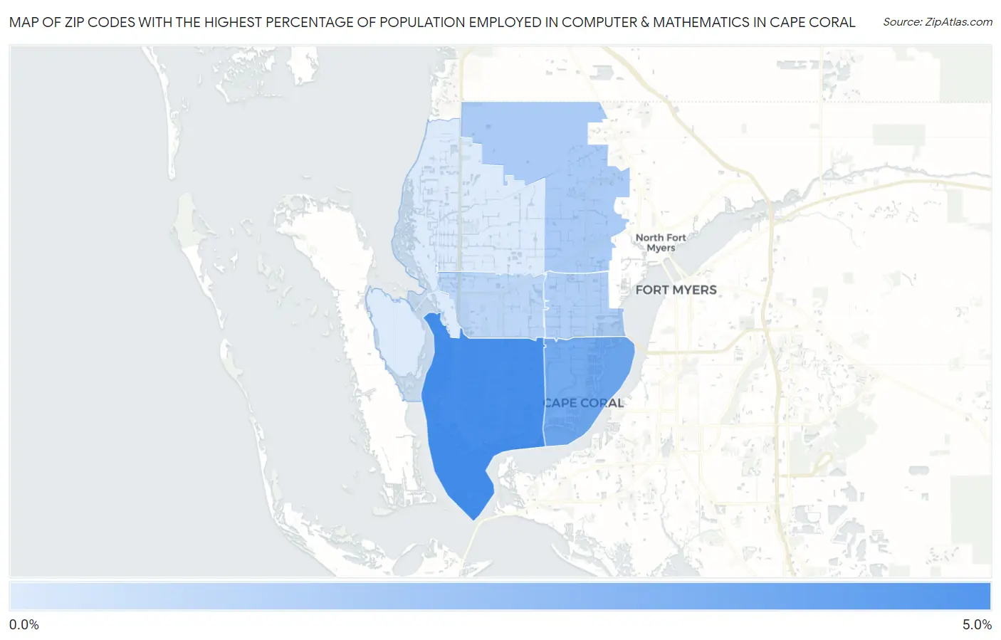 Zip Codes with the Highest Percentage of Population Employed in Computer & Mathematics in Cape Coral Map