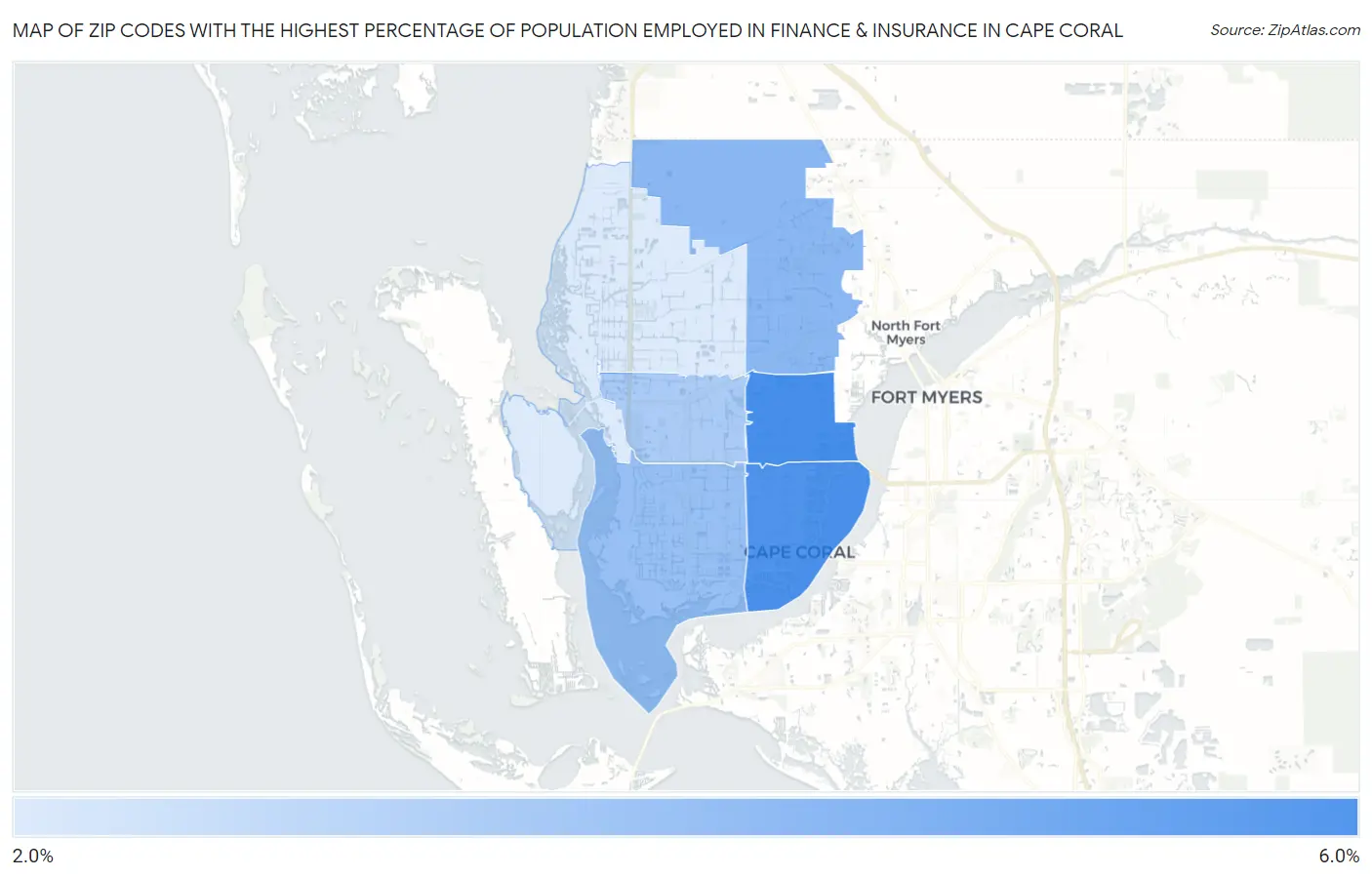 Zip Codes with the Highest Percentage of Population Employed in Finance & Insurance in Cape Coral Map