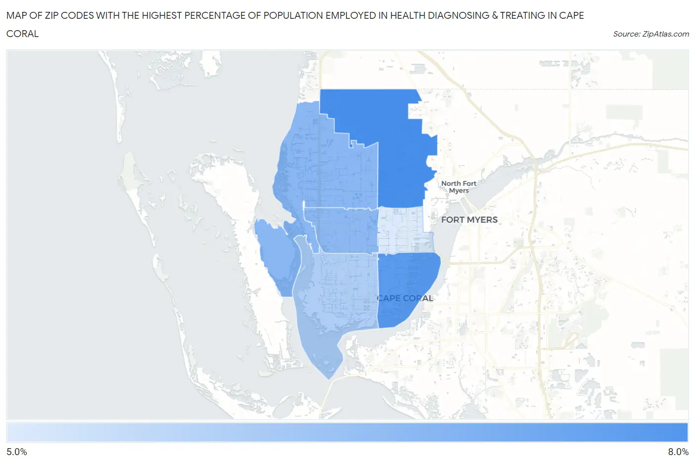 Zip Codes with the Highest Percentage of Population Employed in Health Diagnosing & Treating in Cape Coral Map