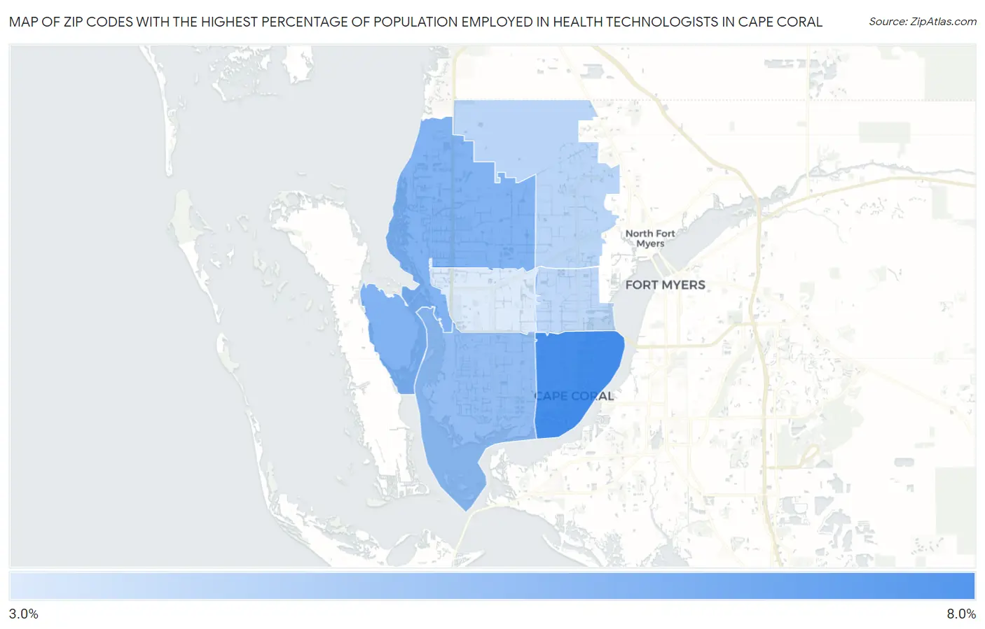 Zip Codes with the Highest Percentage of Population Employed in Health Technologists in Cape Coral Map