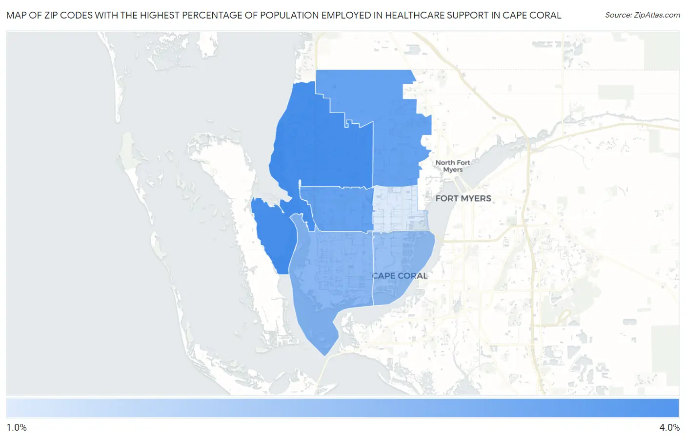 Zip Codes with the Highest Percentage of Population Employed in Healthcare Support in Cape Coral Map