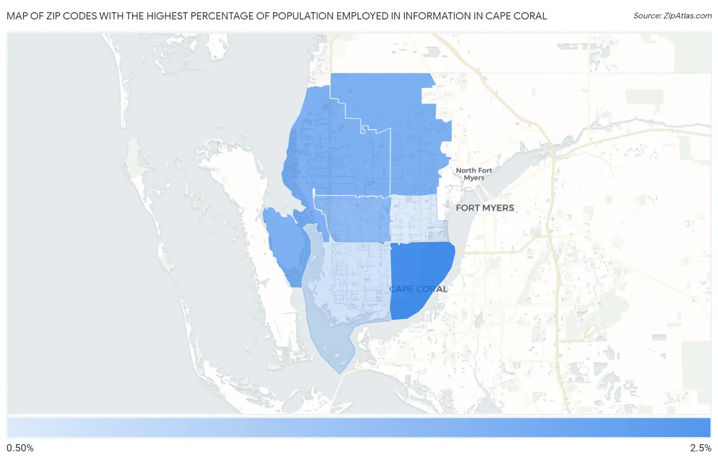 Zip Codes with the Highest Percentage of Population Employed in Information in Cape Coral Map