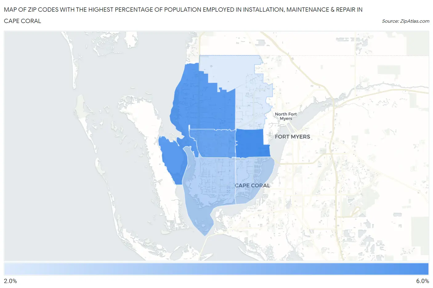 Zip Codes with the Highest Percentage of Population Employed in Installation, Maintenance & Repair in Cape Coral Map