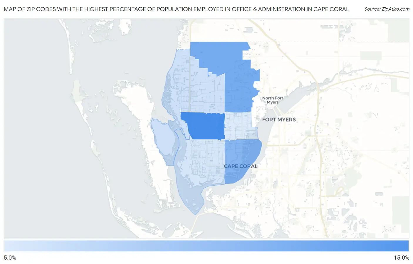 Zip Codes with the Highest Percentage of Population Employed in Office & Administration in Cape Coral Map
