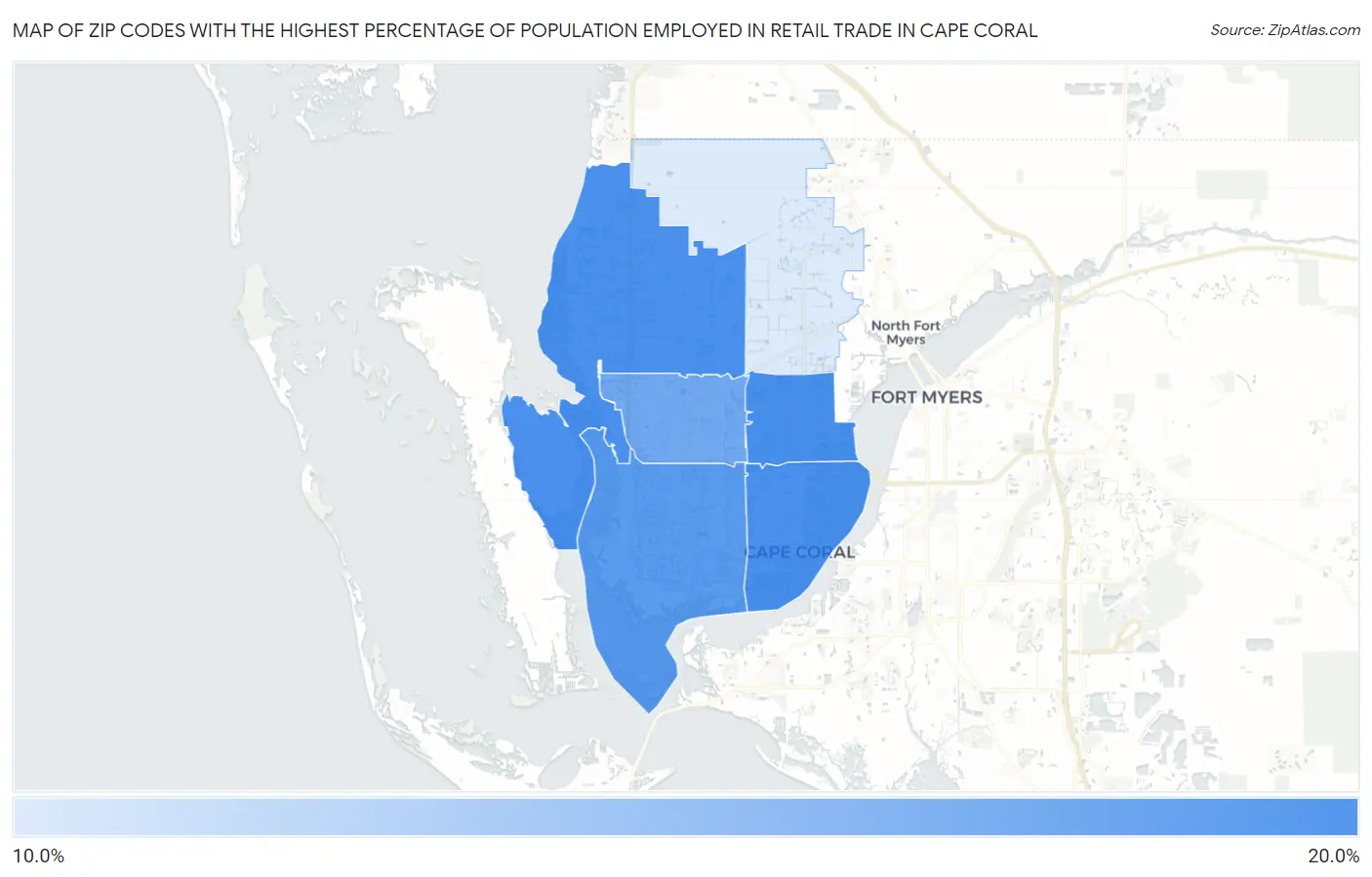 Zip Codes with the Highest Percentage of Population Employed in Retail Trade in Cape Coral Map