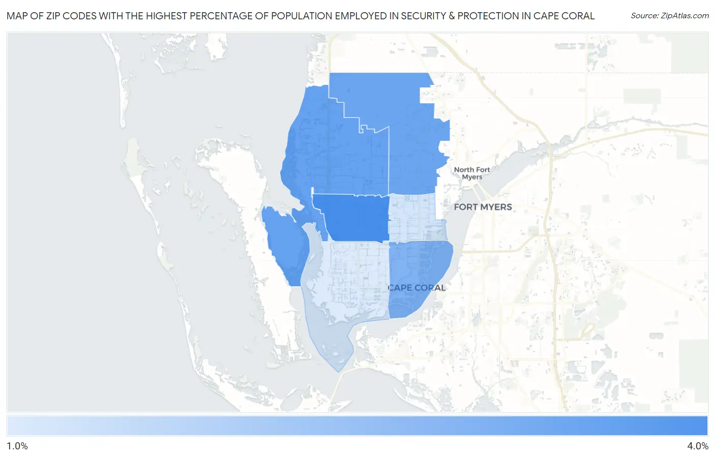 Zip Codes with the Highest Percentage of Population Employed in Security & Protection in Cape Coral Map