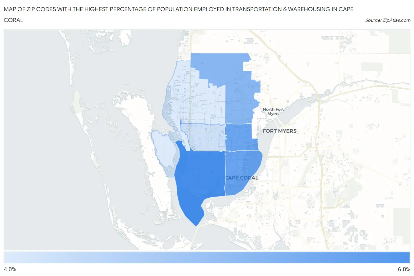 Zip Codes with the Highest Percentage of Population Employed in Transportation & Warehousing in Cape Coral Map