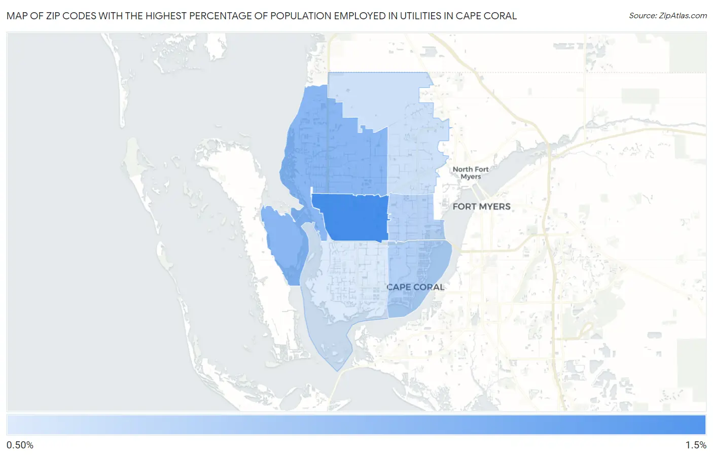 Zip Codes with the Highest Percentage of Population Employed in Utilities in Cape Coral Map