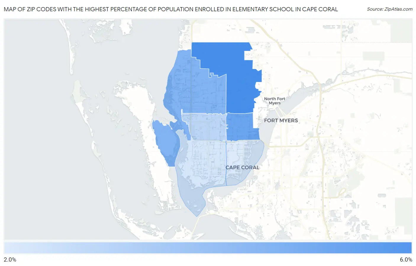 Zip Codes with the Highest Percentage of Population Enrolled in Elementary School in Cape Coral Map
