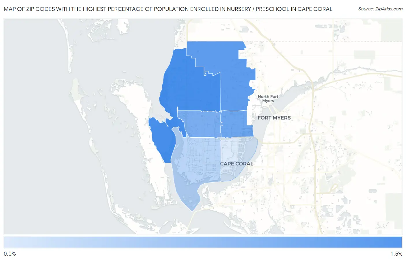 Zip Codes with the Highest Percentage of Population Enrolled in Nursery / Preschool in Cape Coral Map
