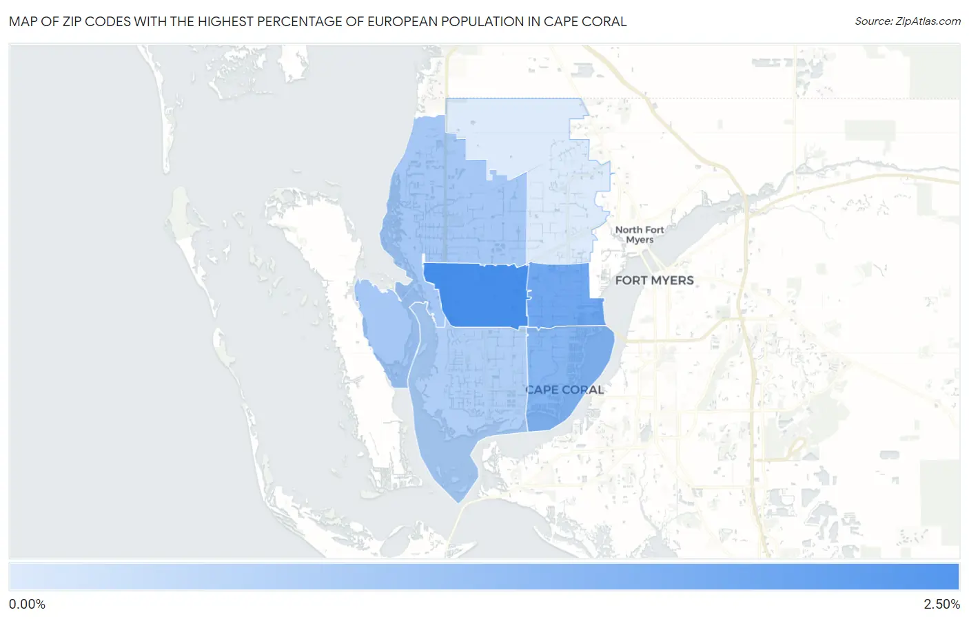 Zip Codes with the Highest Percentage of European Population in Cape Coral Map