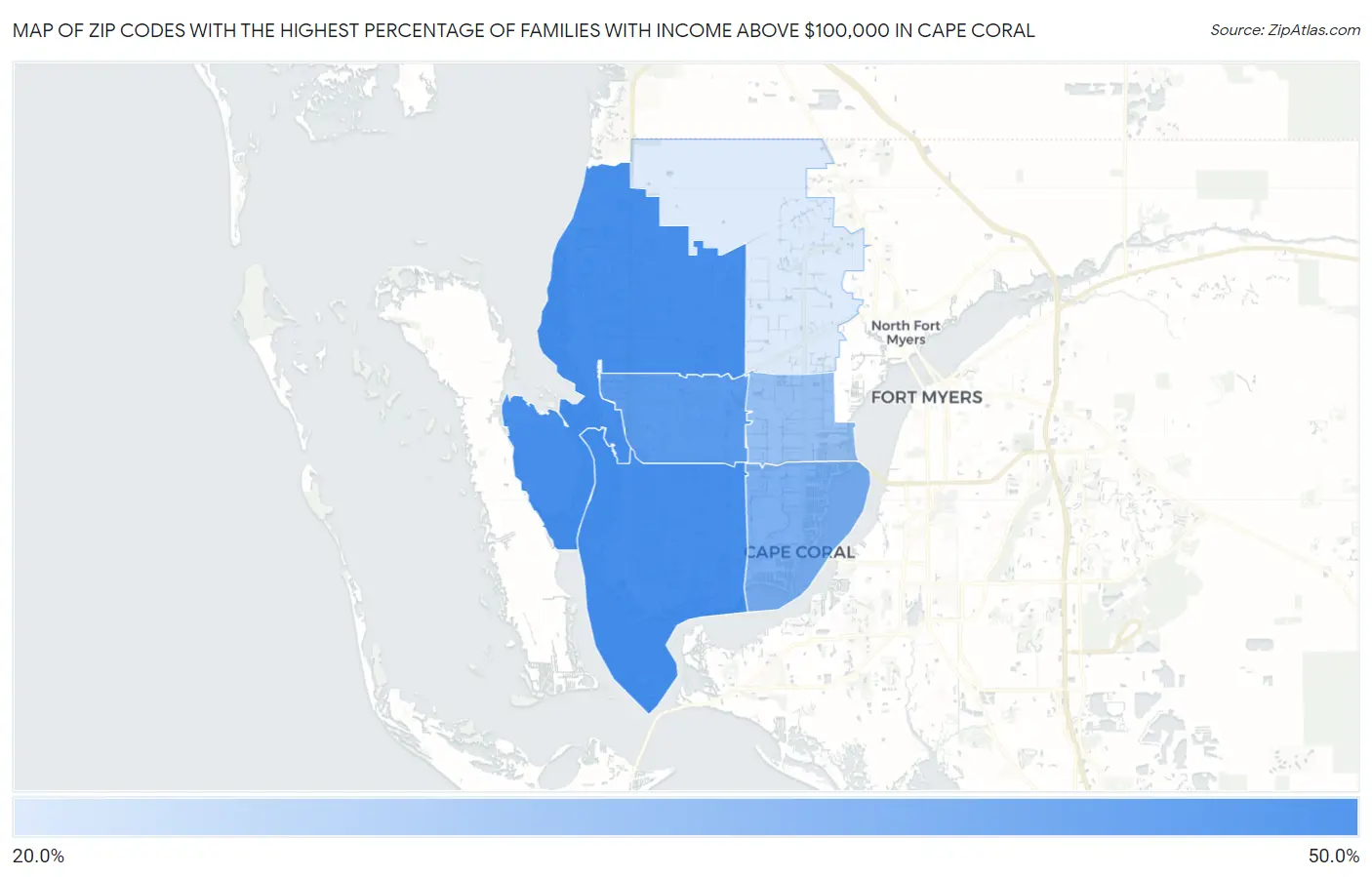Zip Codes with the Highest Percentage of Families with Income Above $100,000 in Cape Coral Map