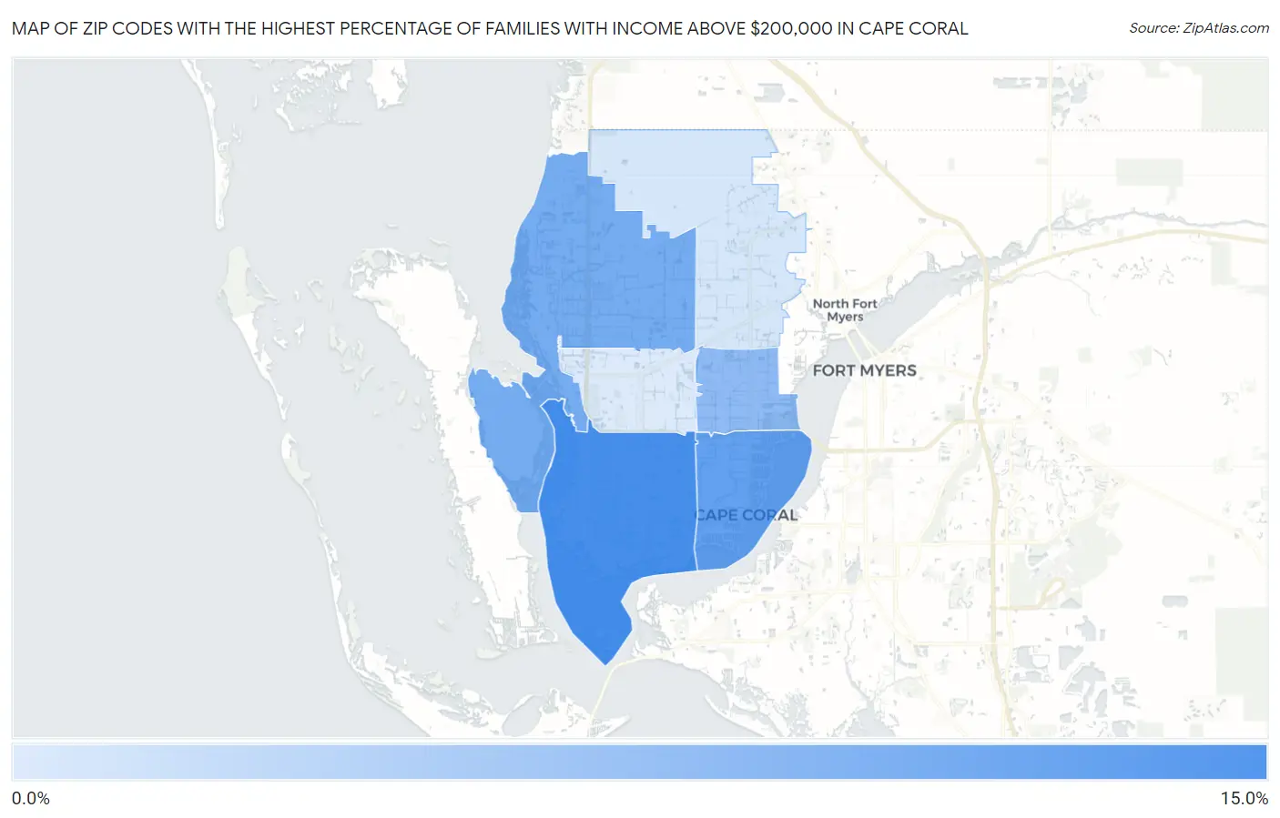 Zip Codes with the Highest Percentage of Families with Income Above $200,000 in Cape Coral Map