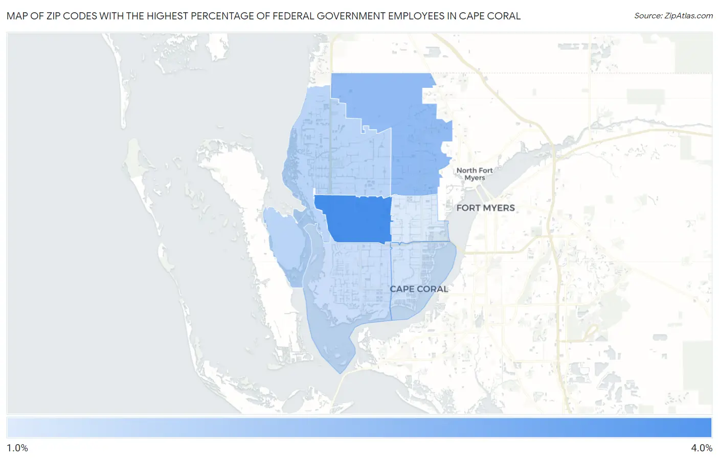 Zip Codes with the Highest Percentage of Federal Government Employees in Cape Coral Map
