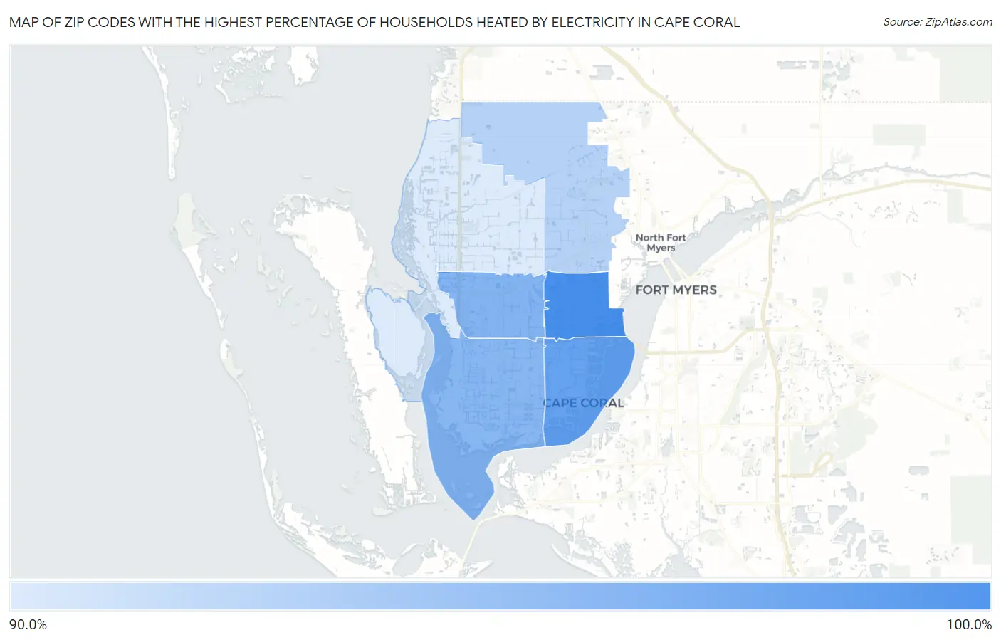 Zip Codes with the Highest Percentage of Households Heated by Electricity in Cape Coral Map