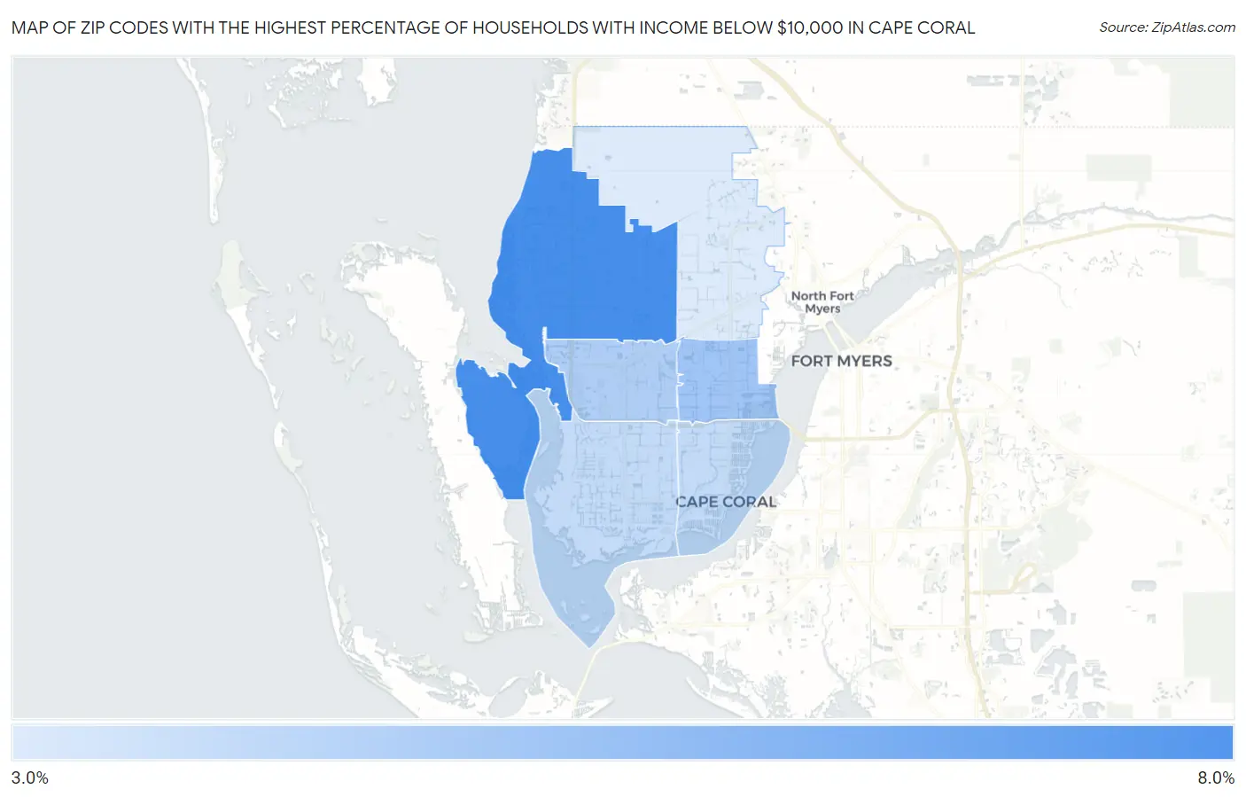 Zip Codes with the Highest Percentage of Households with Income Below $10,000 in Cape Coral Map