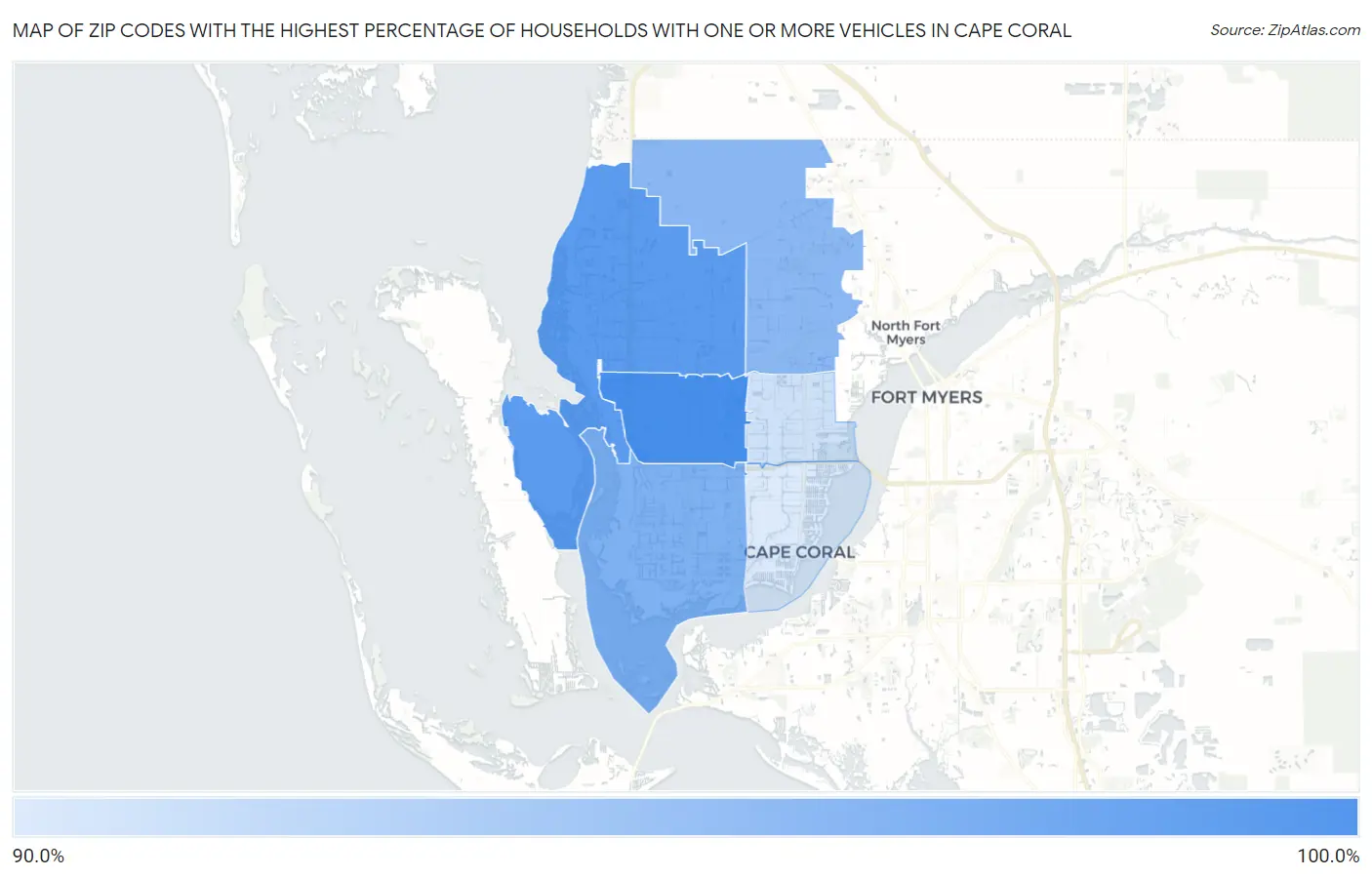 Zip Codes with the Highest Percentage of Households With One or more Vehicles in Cape Coral Map