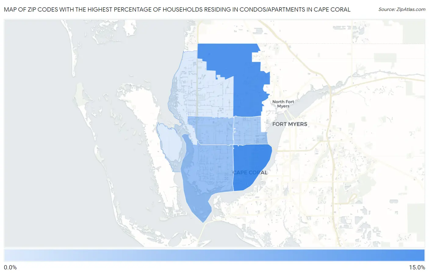 Zip Codes with the Highest Percentage of Households Residing in Condos/Apartments in Cape Coral Map