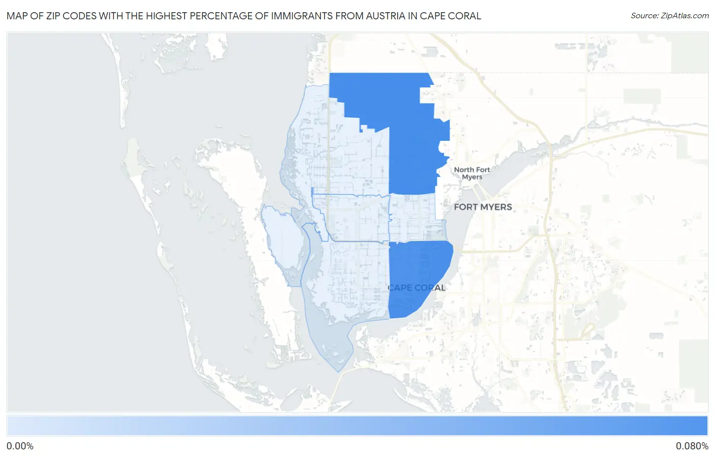 Zip Codes with the Highest Percentage of Immigrants from Austria in Cape Coral Map
