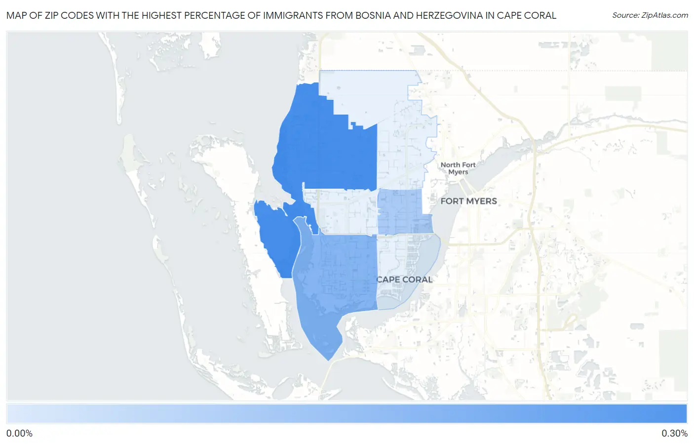 Zip Codes with the Highest Percentage of Immigrants from Bosnia and Herzegovina in Cape Coral Map