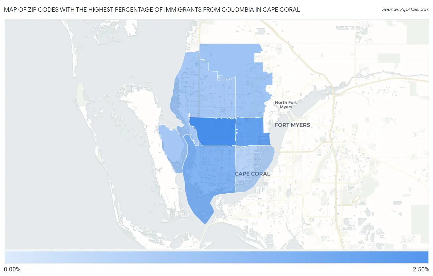 Zip Codes with the Highest Percentage of Immigrants from Colombia in Cape Coral Map