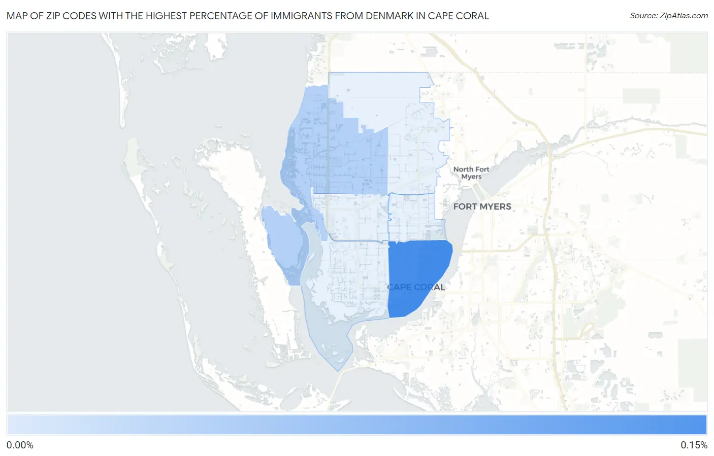 Zip Codes with the Highest Percentage of Immigrants from Denmark in Cape Coral Map