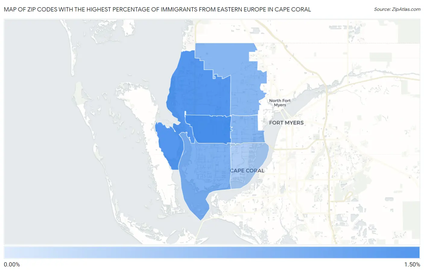Zip Codes with the Highest Percentage of Immigrants from Eastern Europe in Cape Coral Map