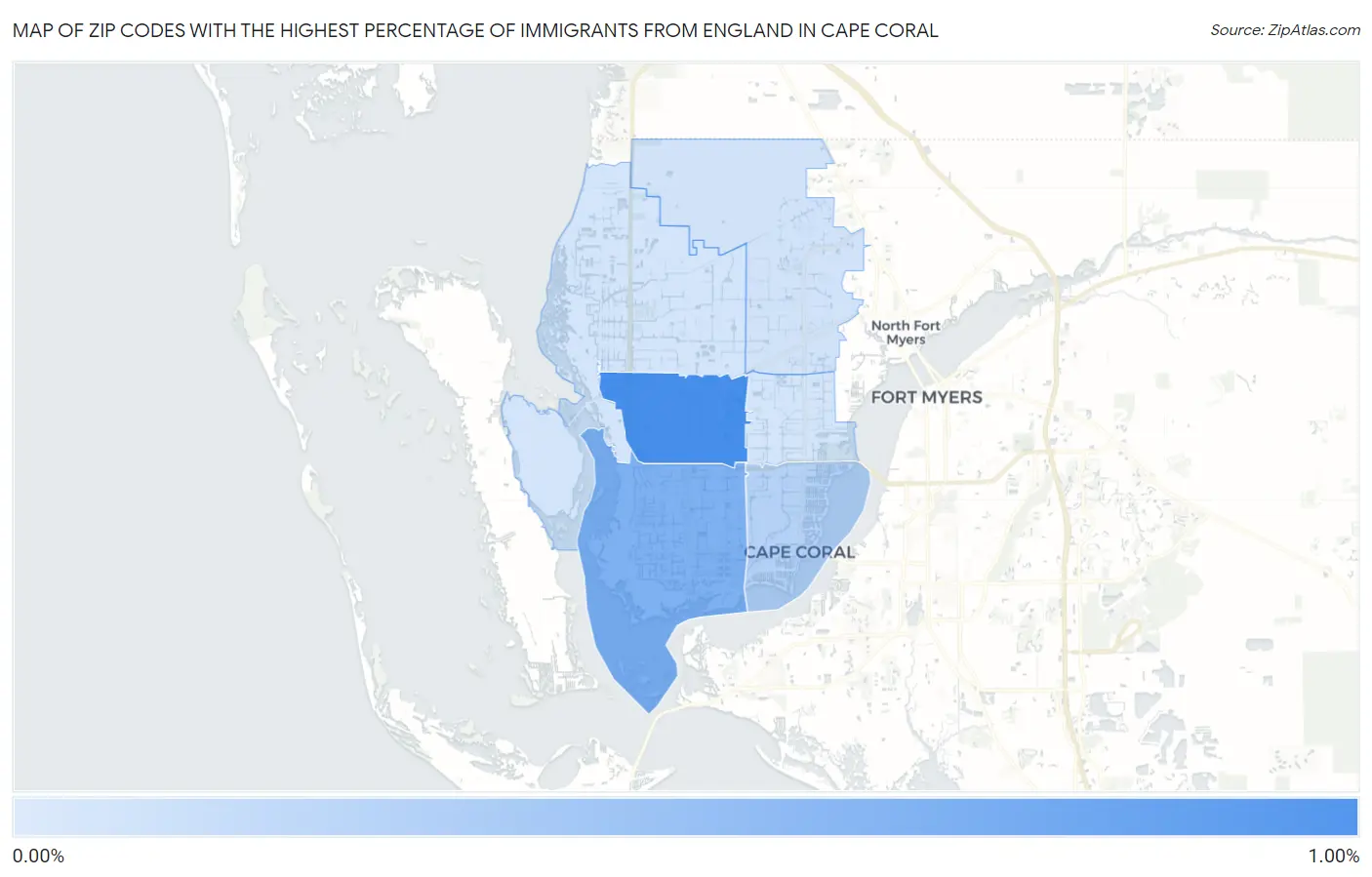 Zip Codes with the Highest Percentage of Immigrants from England in Cape Coral Map