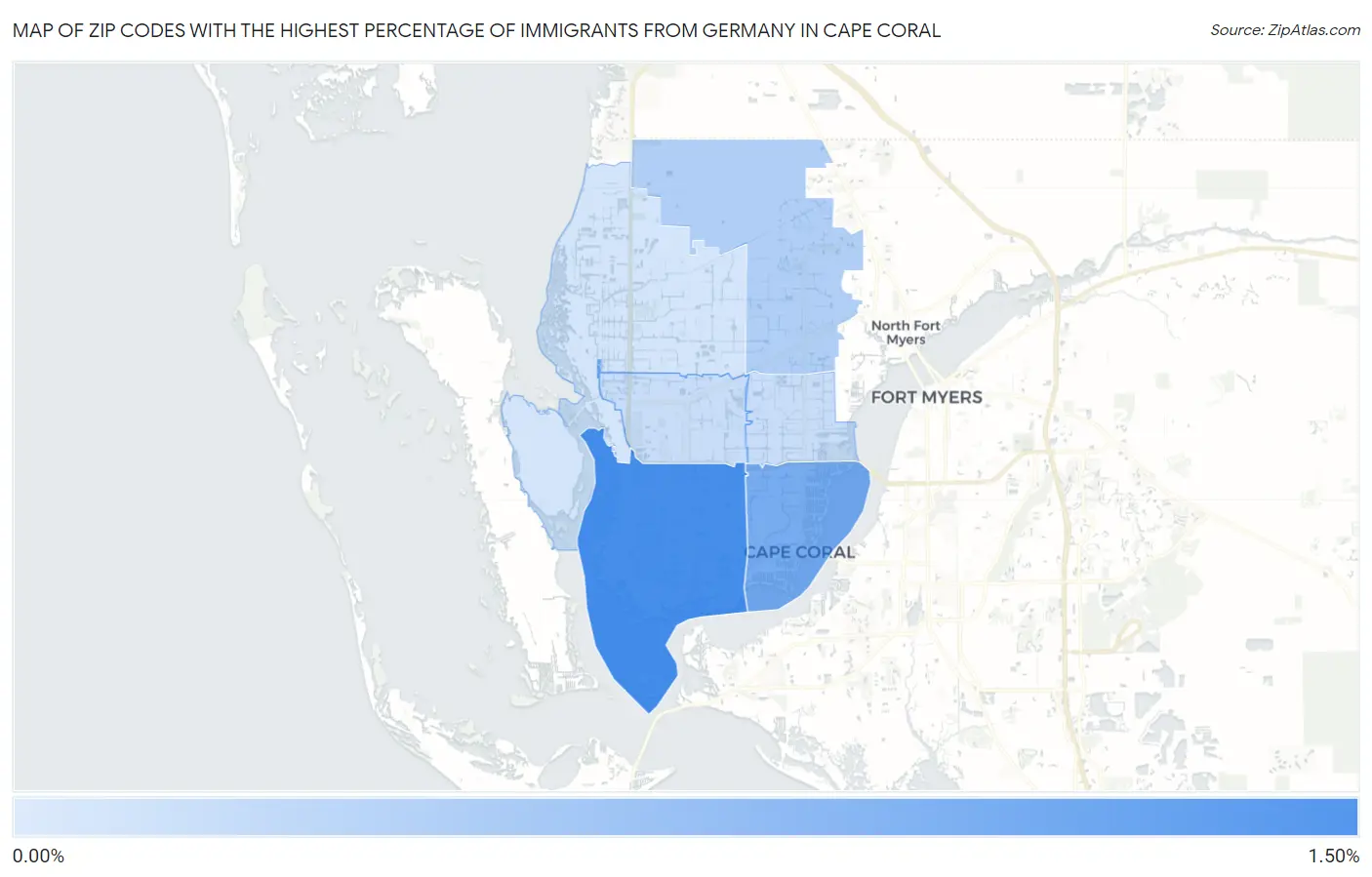 Zip Codes with the Highest Percentage of Immigrants from Germany in Cape Coral Map