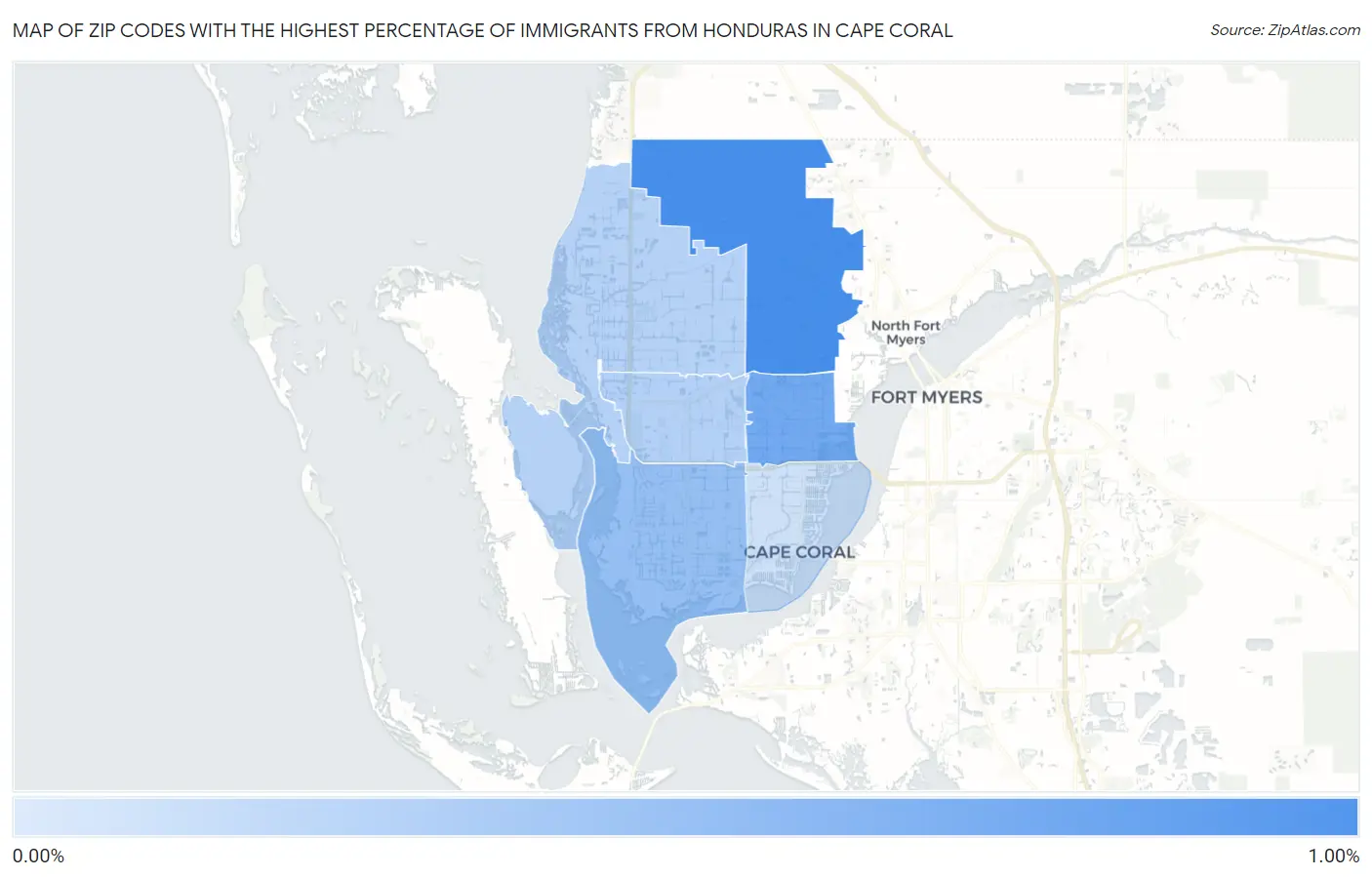 Zip Codes with the Highest Percentage of Immigrants from Honduras in Cape Coral Map