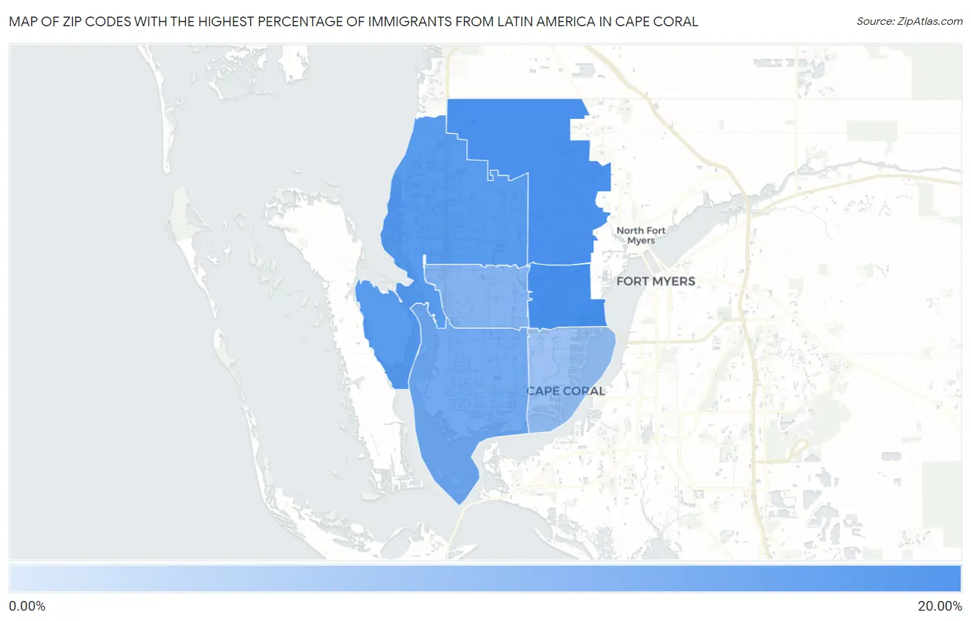 Zip Codes with the Highest Percentage of Immigrants from Latin America in Cape Coral Map