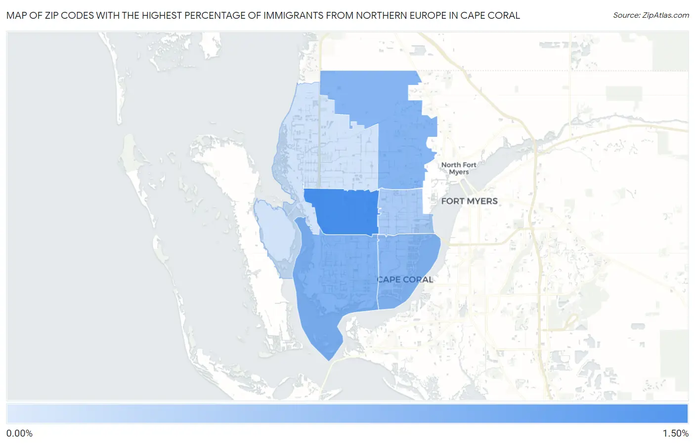 Zip Codes with the Highest Percentage of Immigrants from Northern Europe in Cape Coral Map