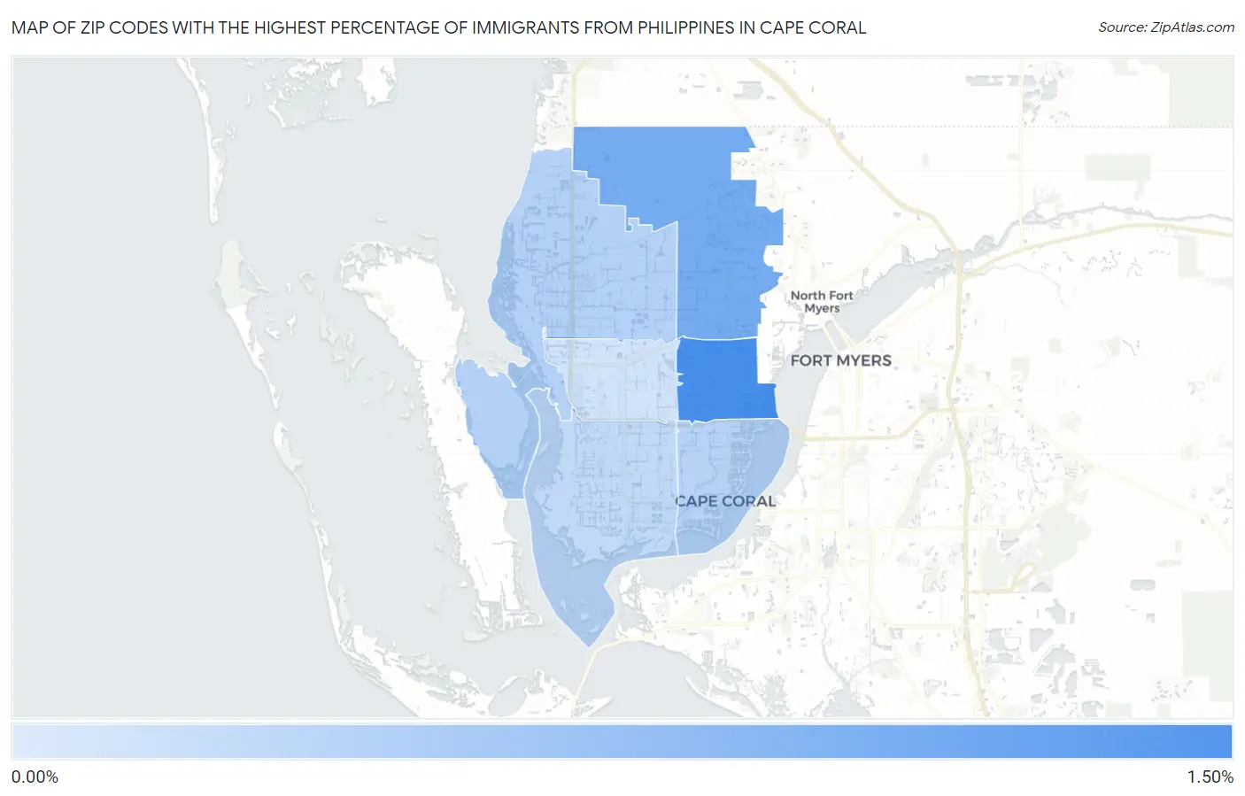 Zip Codes with the Highest Percentage of Immigrants from Philippines in Cape Coral Map