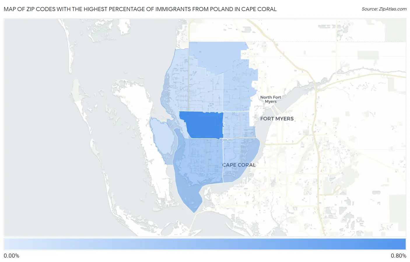 Zip Codes with the Highest Percentage of Immigrants from Poland in Cape Coral Map