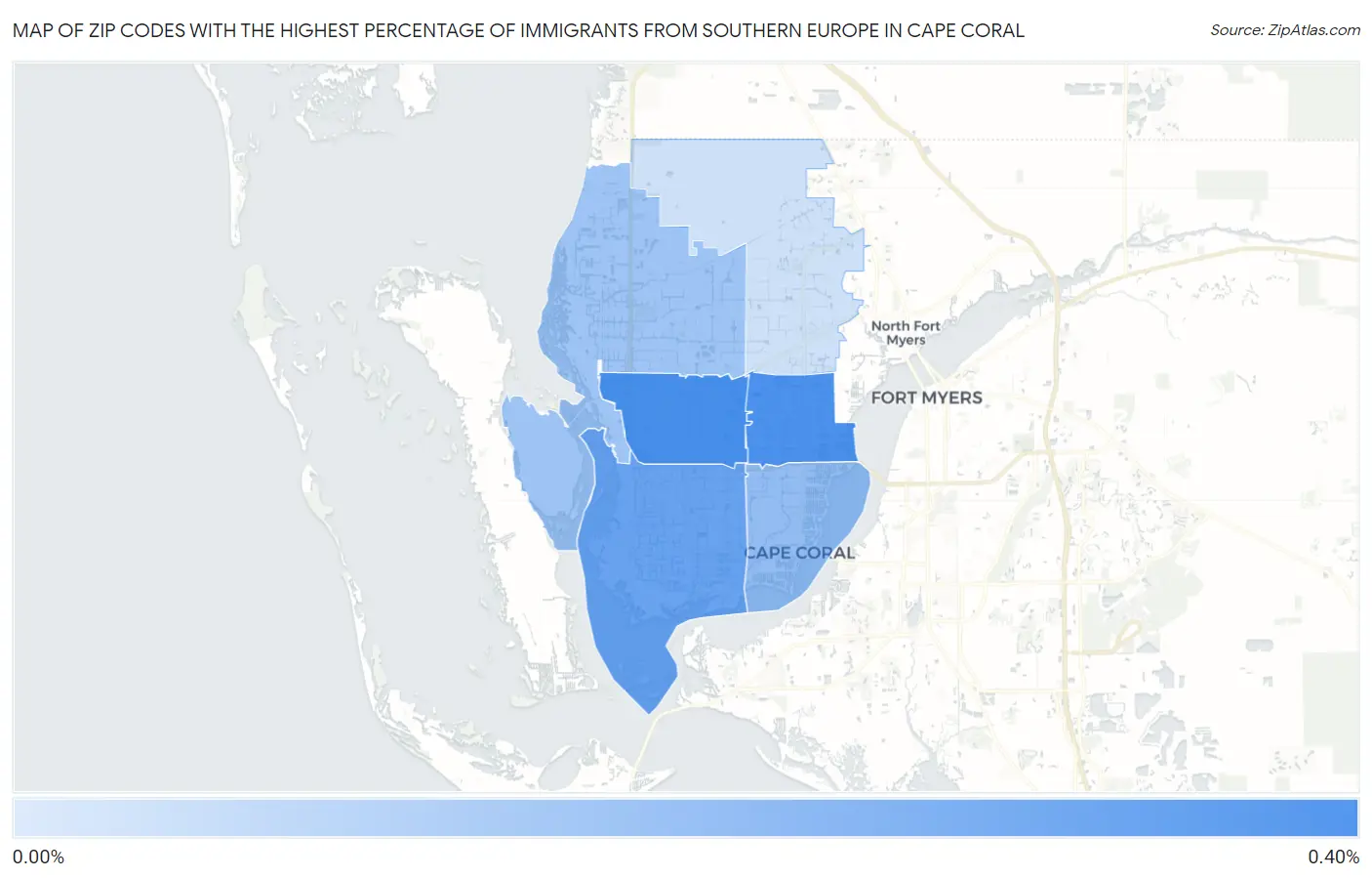 Zip Codes with the Highest Percentage of Immigrants from Southern Europe in Cape Coral Map