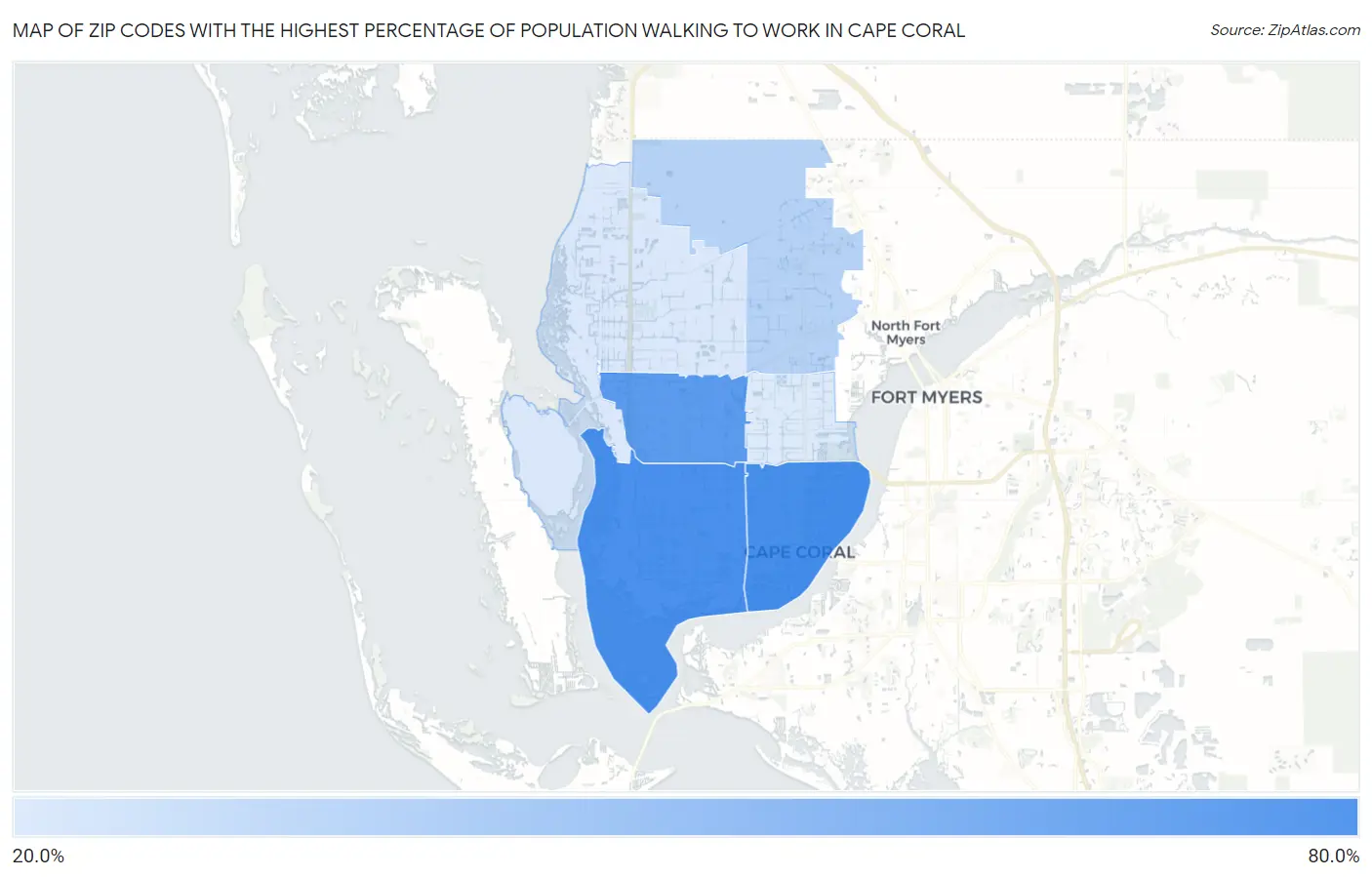 Zip Codes with the Highest Percentage of Population Walking to Work in Cape Coral Map