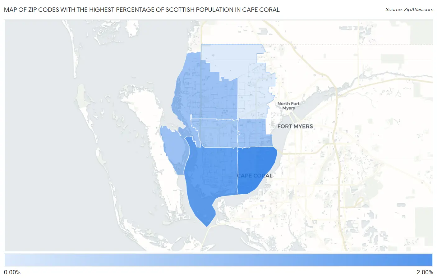 Zip Codes with the Highest Percentage of Scottish Population in Cape Coral Map
