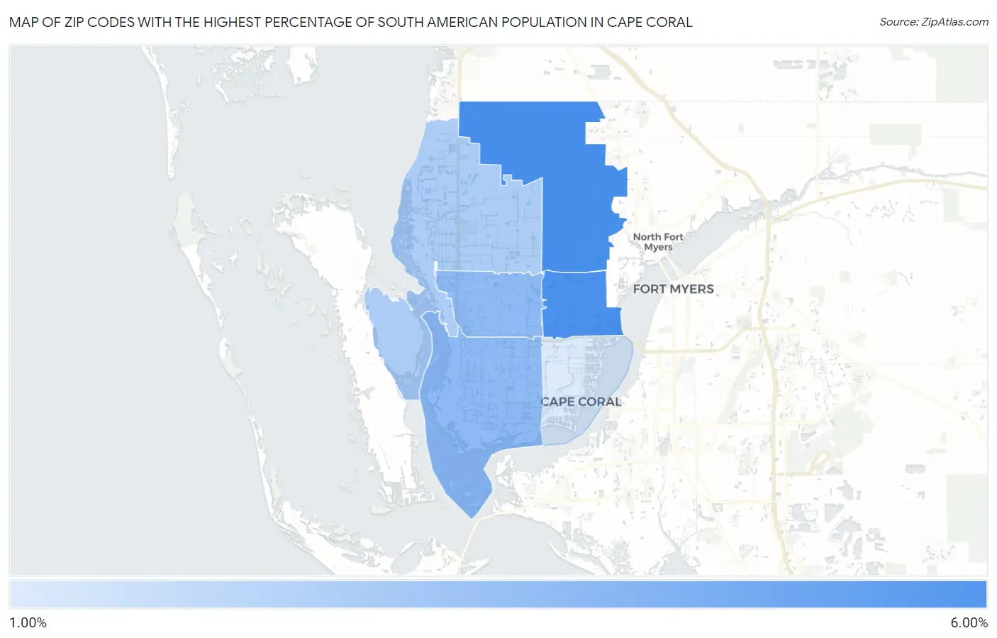 Zip Codes with the Highest Percentage of South American Population in Cape Coral Map