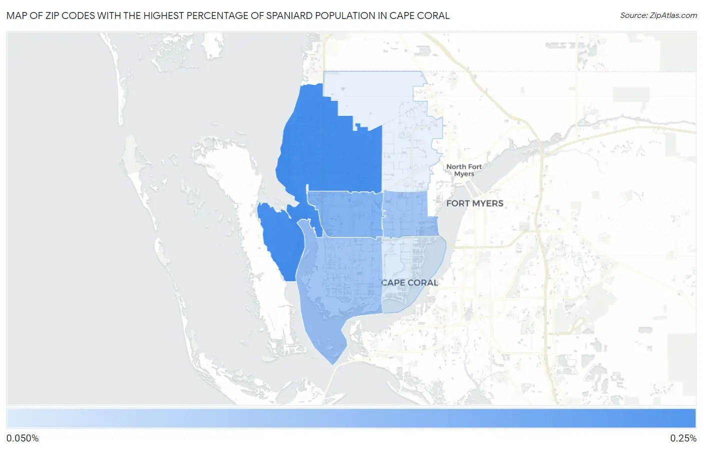 Zip Codes with the Highest Percentage of Spaniard Population in Cape Coral Map