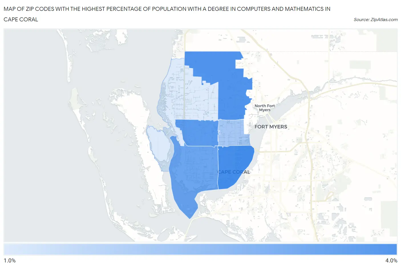 Zip Codes with the Highest Percentage of Population with a Degree in Computers and Mathematics in Cape Coral Map