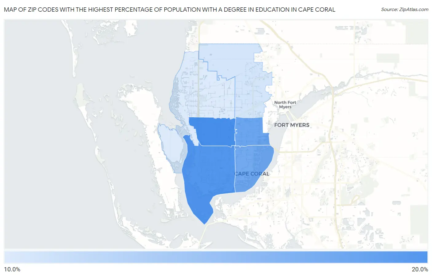 Zip Codes with the Highest Percentage of Population with a Degree in Education in Cape Coral Map