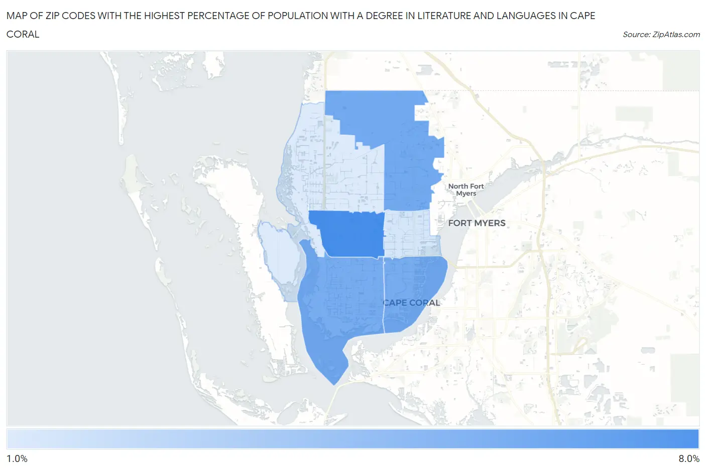 Zip Codes with the Highest Percentage of Population with a Degree in Literature and Languages in Cape Coral Map