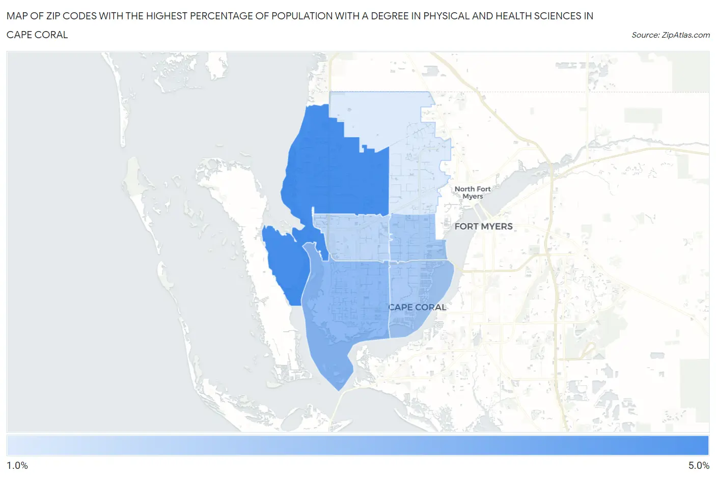 Zip Codes with the Highest Percentage of Population with a Degree in Physical and Health Sciences in Cape Coral Map