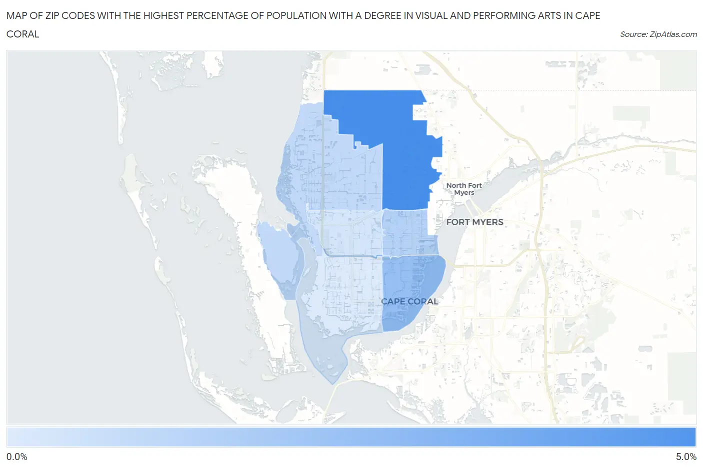 Zip Codes with the Highest Percentage of Population with a Degree in Visual and Performing Arts in Cape Coral Map