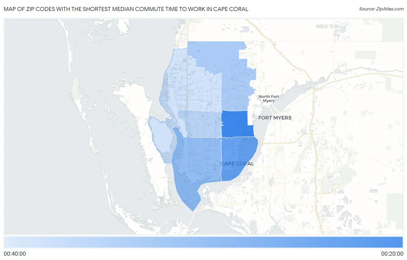Zip Codes with the Shortest Median Commute Time to Work in Cape Coral Map