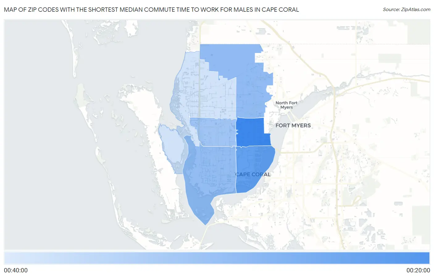 Zip Codes with the Shortest Median Commute Time to Work for Males in Cape Coral Map