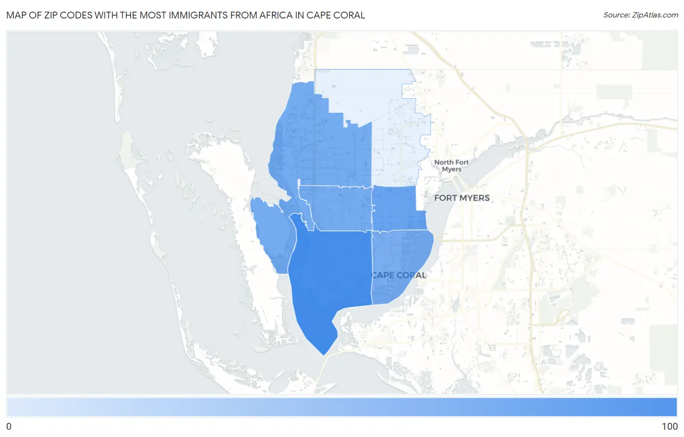 Zip Codes with the Most Immigrants from Africa in Cape Coral Map